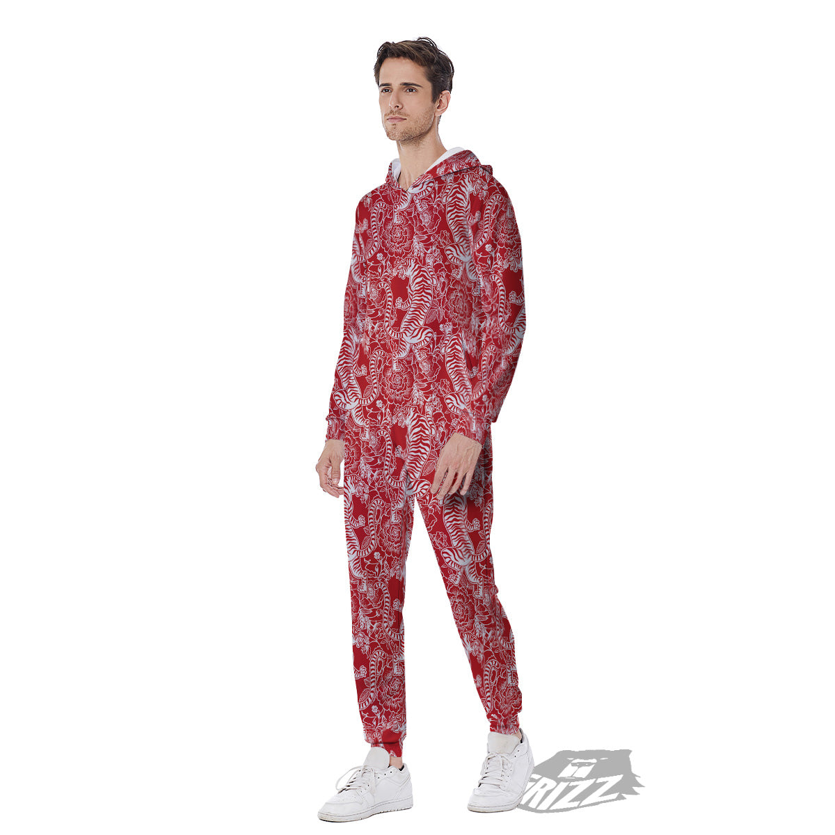 Red And White Chinese Tiger Print Pattern Men's Jumpsuit-grizzshop