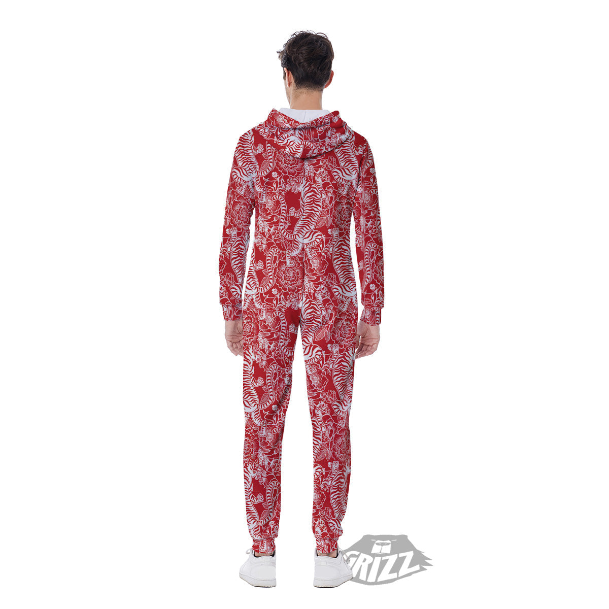Red And White Chinese Tiger Print Pattern Men's Jumpsuit-grizzshop
