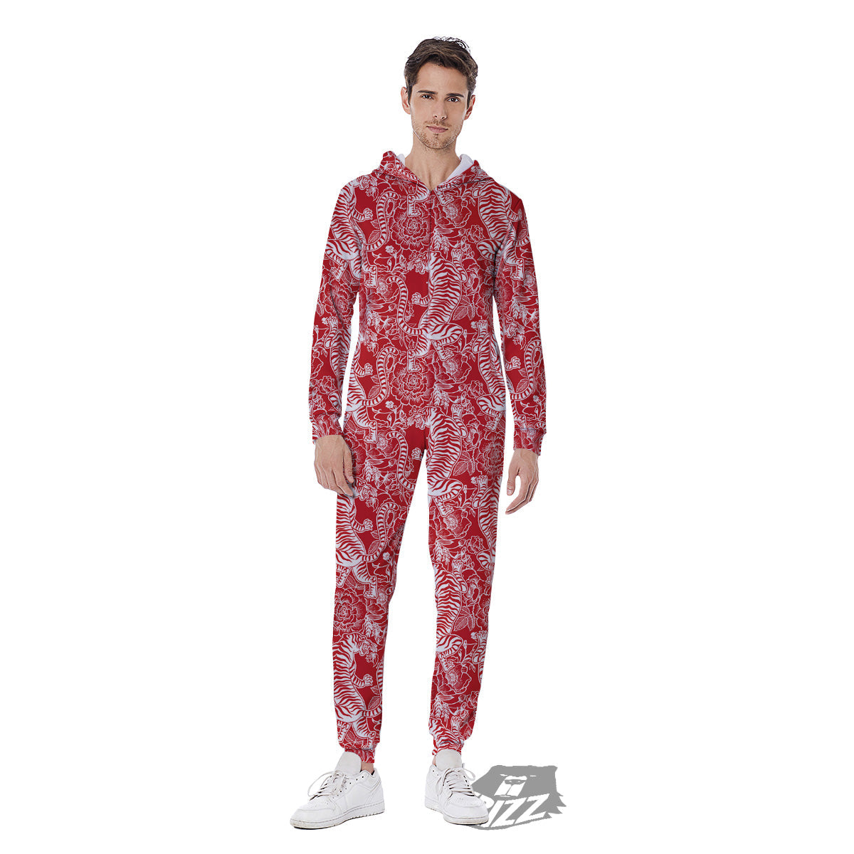 Red And White Chinese Tiger Print Pattern Men's Jumpsuit-grizzshop