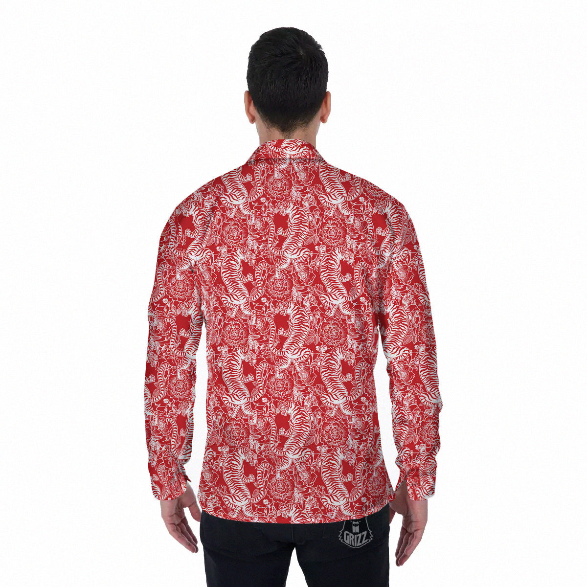 Red And White Chinese Tiger Print Pattern Men's Long Sleeve Shirts-grizzshop