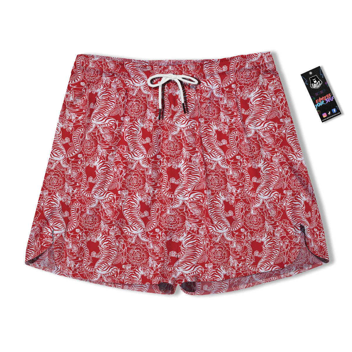 Red And White Chinese Tiger Print Pattern Men's Running Shorts-grizzshop