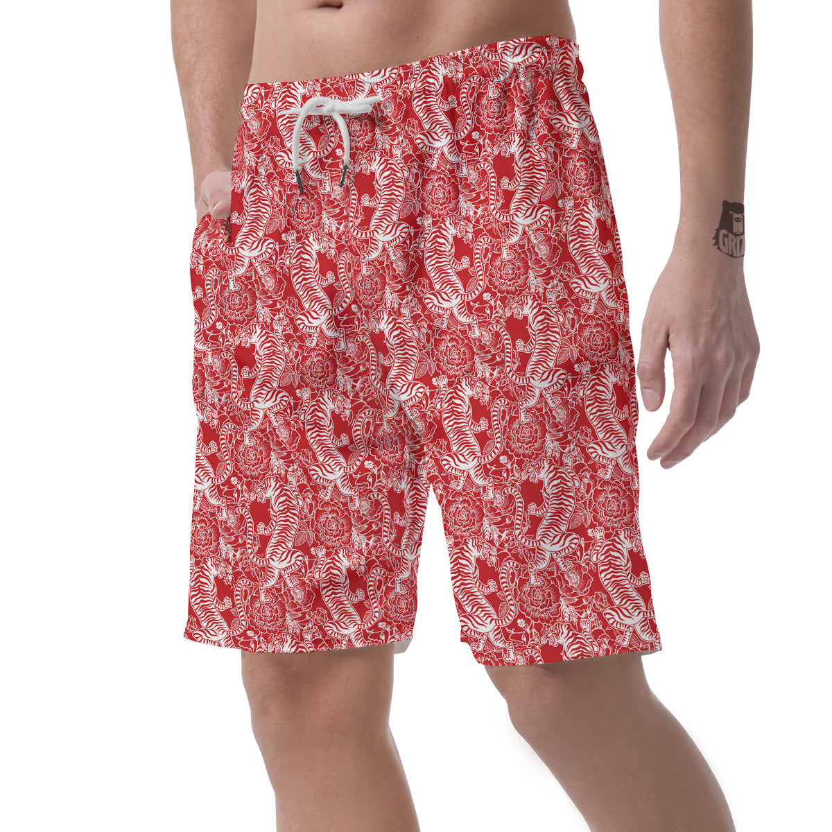 Red And White Chinese Tiger Print Pattern Men's Shorts-grizzshop