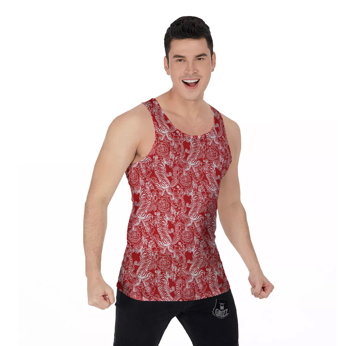 Red And White Chinese Tiger Print Pattern Men's Tank Top-grizzshop