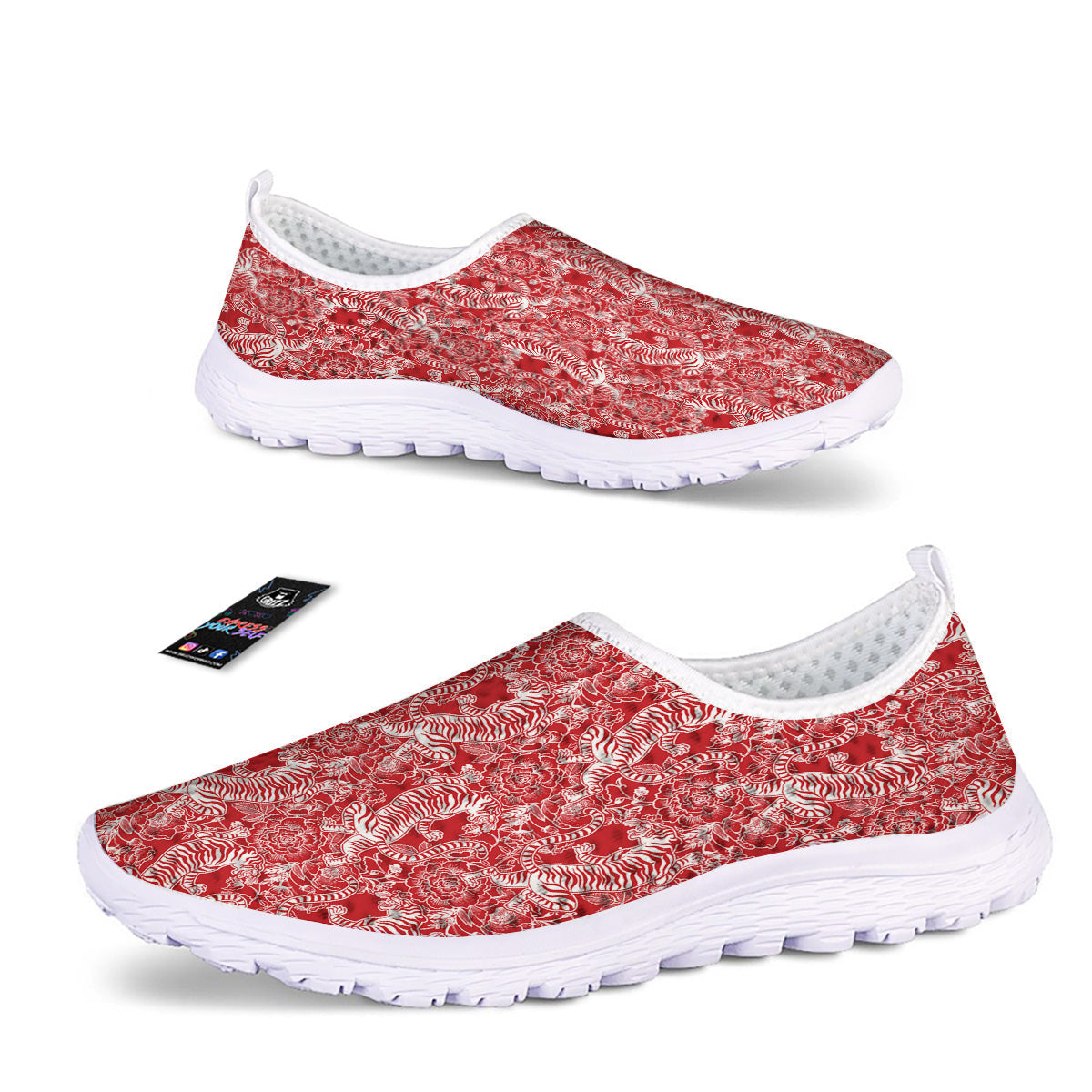 Red And White Chinese Tiger Print Pattern Nurse Shoes-grizzshop