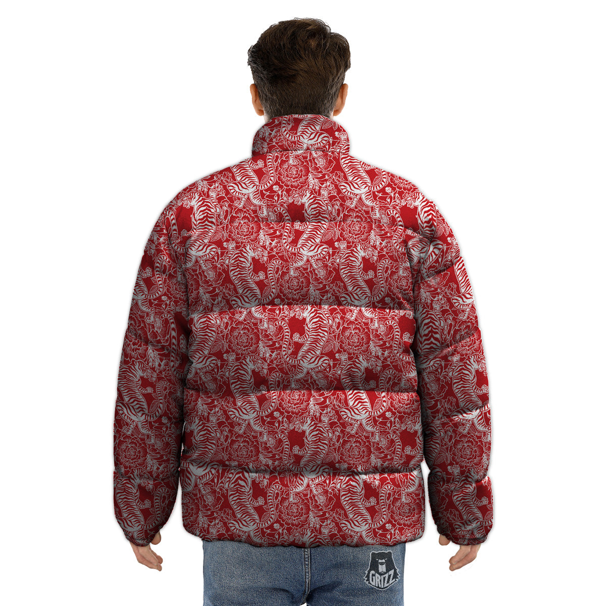 Red And White Chinese Tiger Print Pattern Puffer Jacket-grizzshop