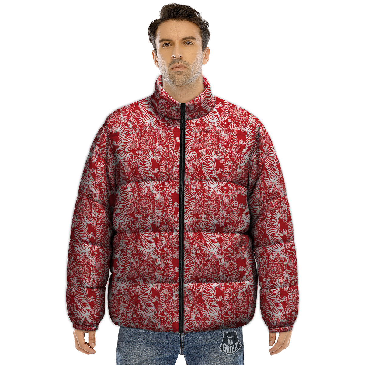 Red And White Chinese Tiger Print Pattern Puffer Jacket-grizzshop