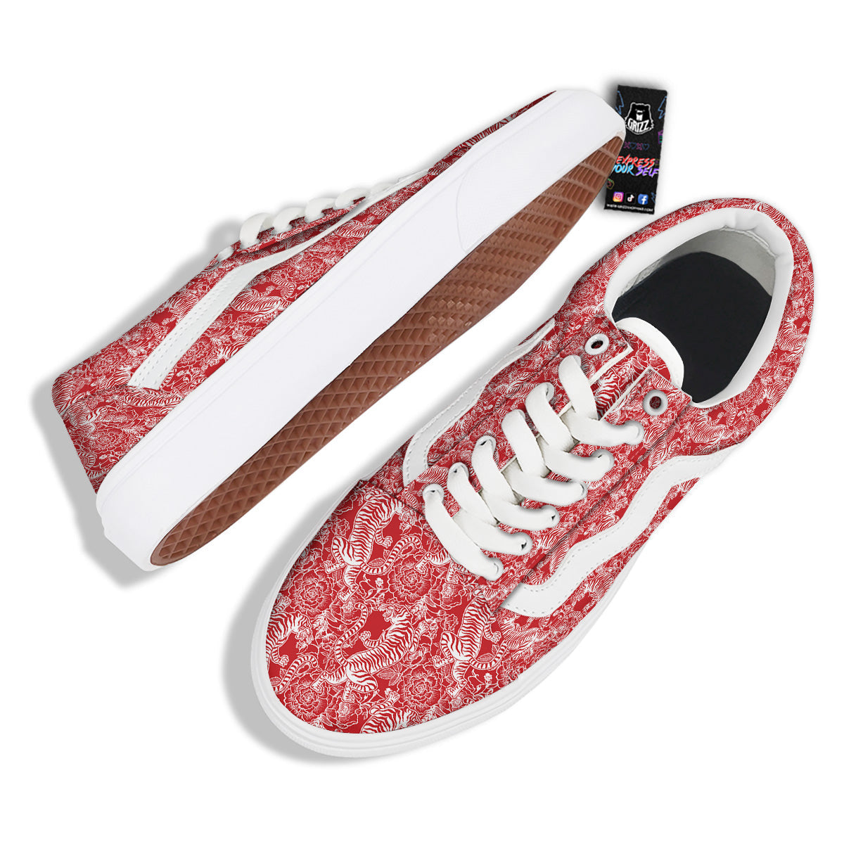 Red And White Chinese Tiger Print Pattern Skate Shoes-grizzshop