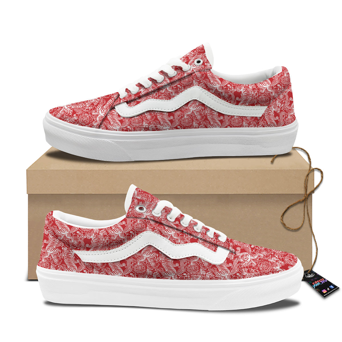 Red And White Chinese Tiger Print Pattern Skate Shoes-grizzshop