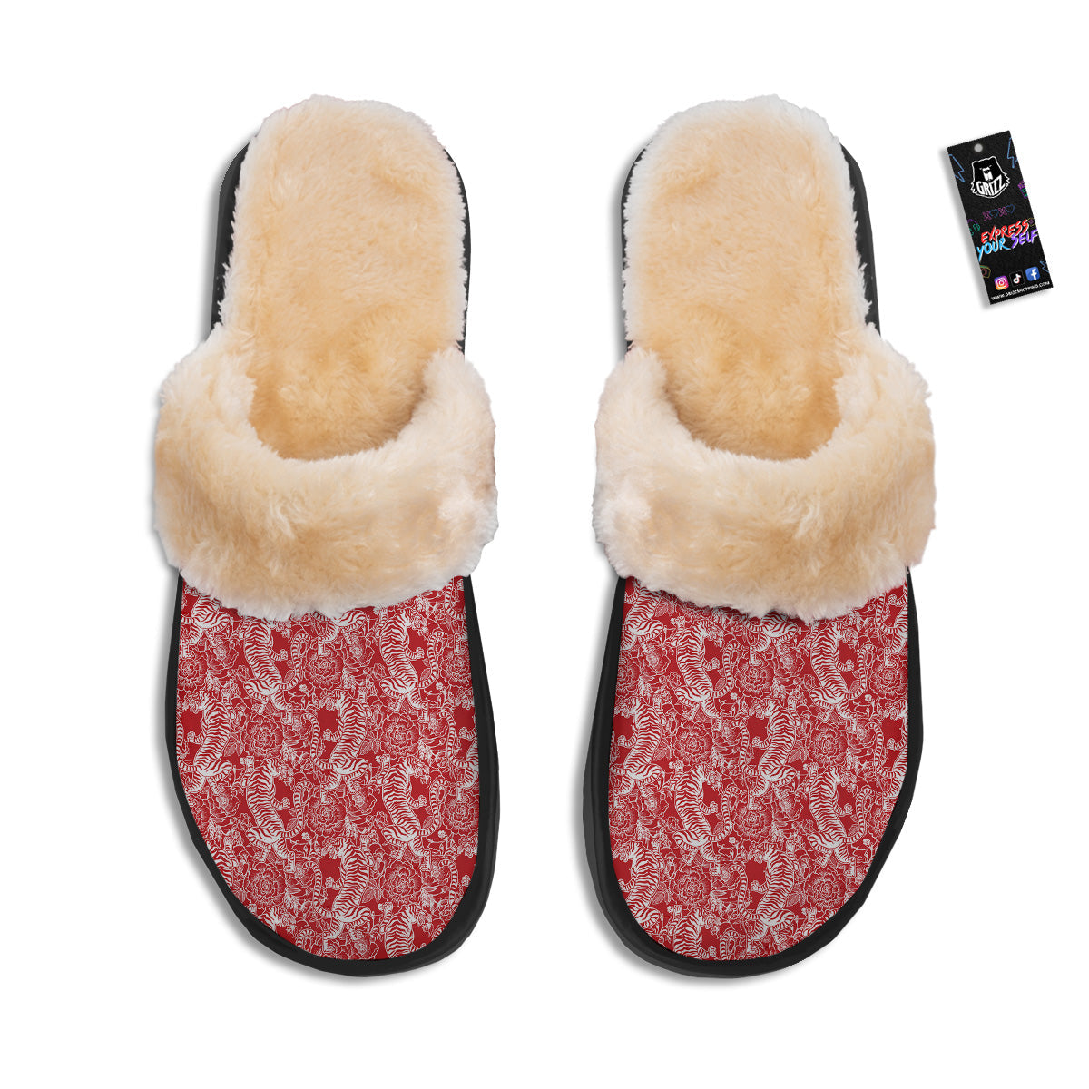 Red And White Chinese Tiger Print Pattern Slippers-grizzshop