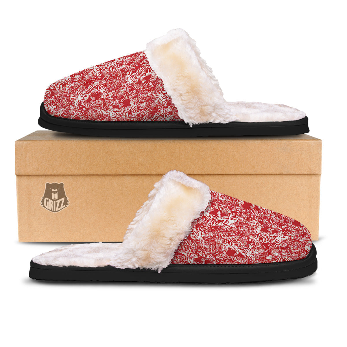 Red And White Chinese Tiger Print Pattern Slippers-grizzshop
