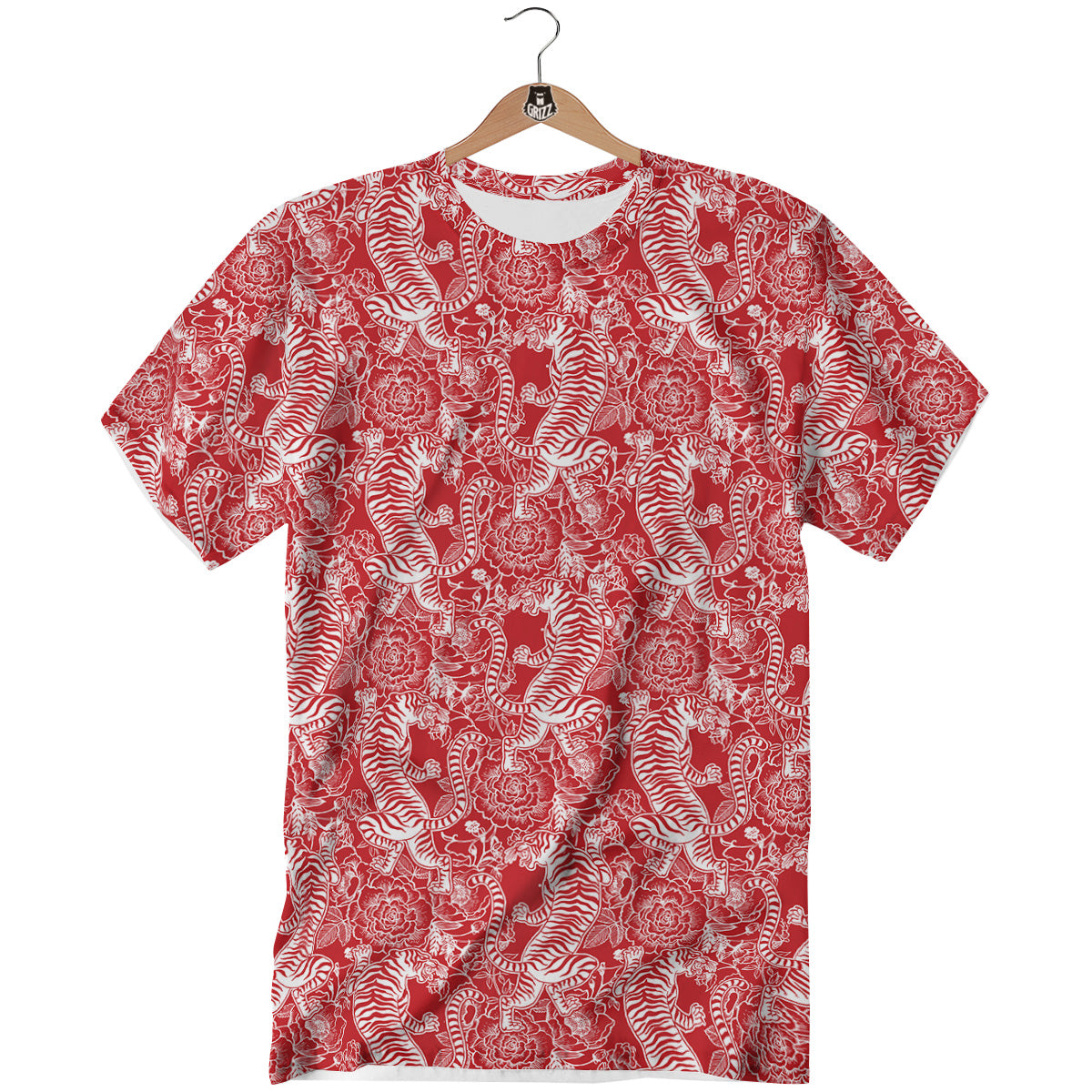 Red And White Chinese Tiger Print Pattern T-Shirt-grizzshop
