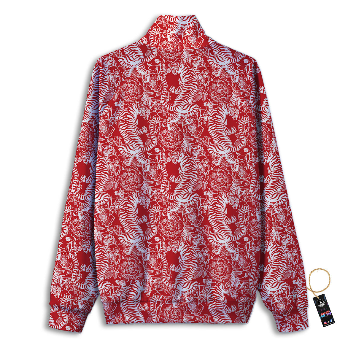 Red And White Chinese Tiger Print Pattern Track Jacket-grizzshop
