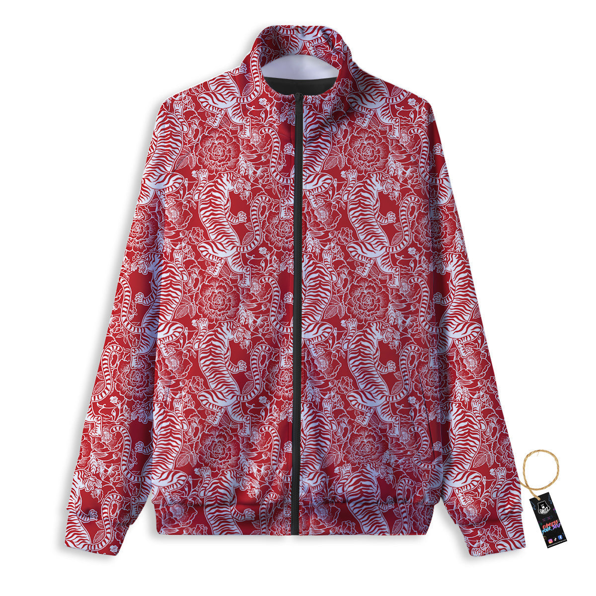 Red And White Chinese Tiger Print Pattern Track Jacket-grizzshop