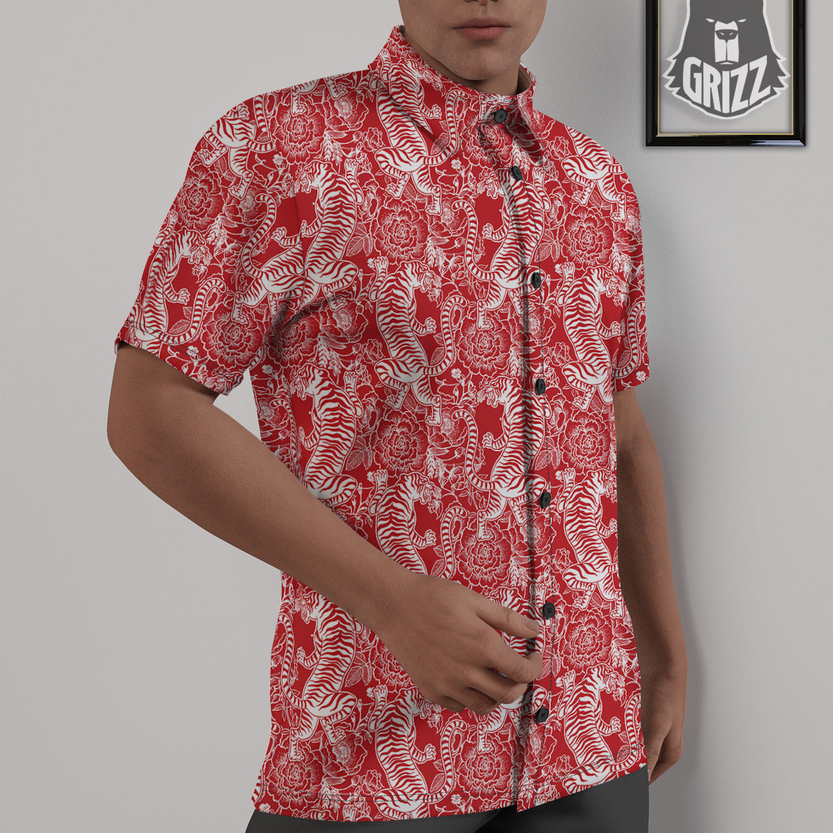 Red And White Chinese Tiger Print Pattern Untucked Shirts-grizzshop