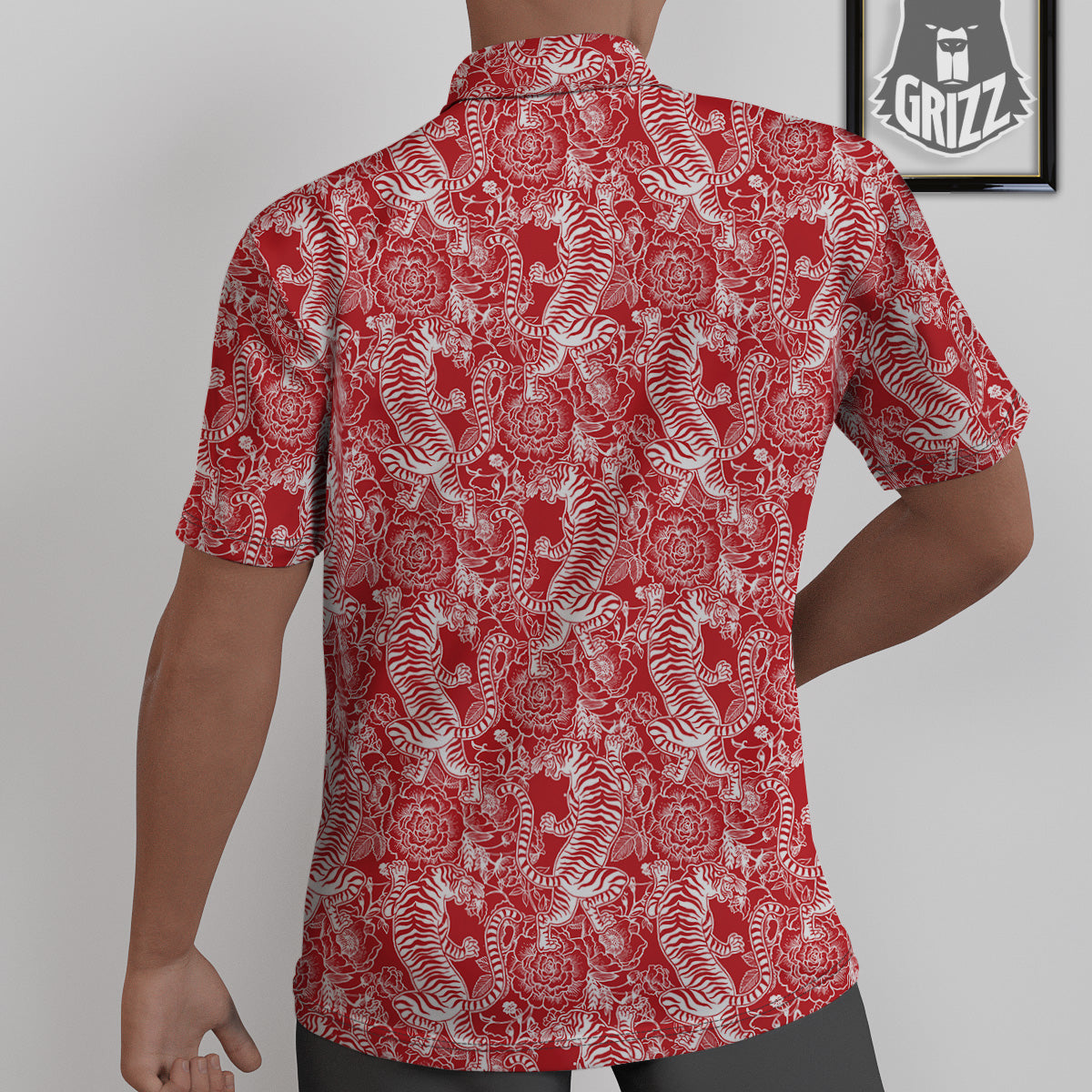 Red And White Chinese Tiger Print Pattern Untucked Shirts-grizzshop