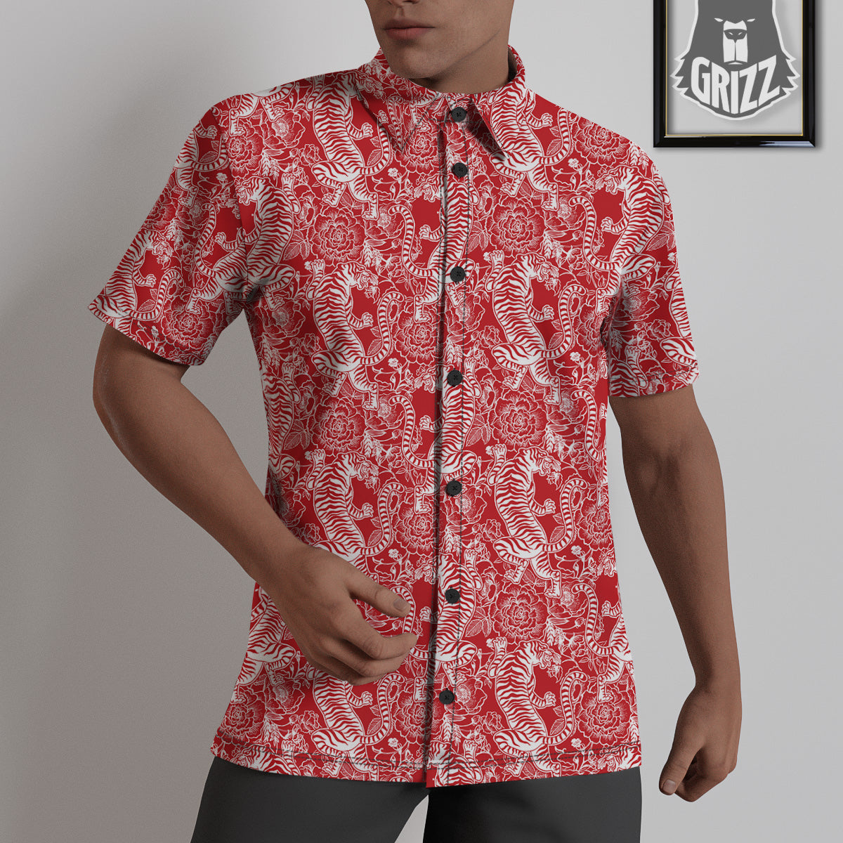 Red And White Chinese Tiger Print Pattern Untucked Shirts-grizzshop