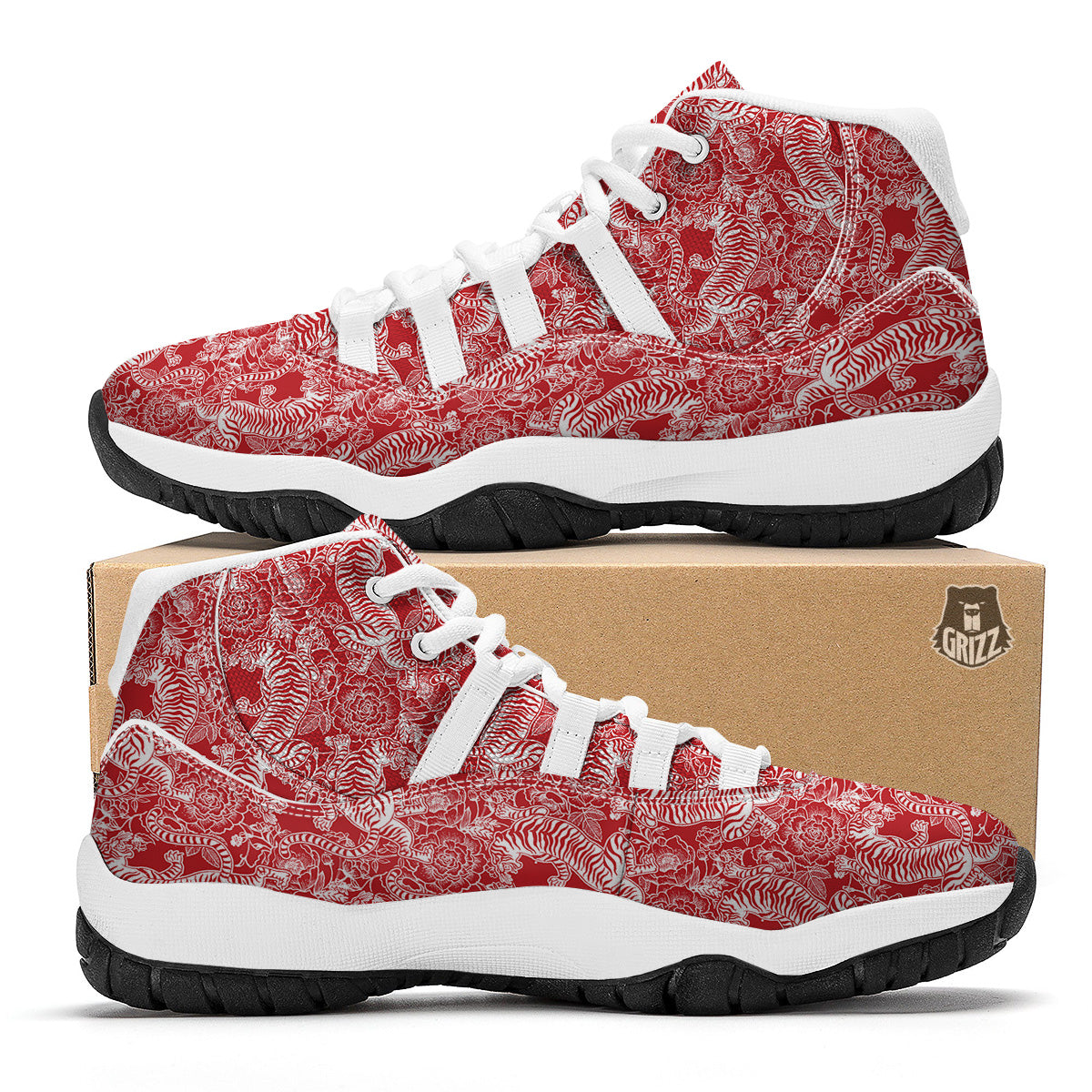 Red And White Chinese Tiger Print Pattern White Bball Shoes-grizzshop