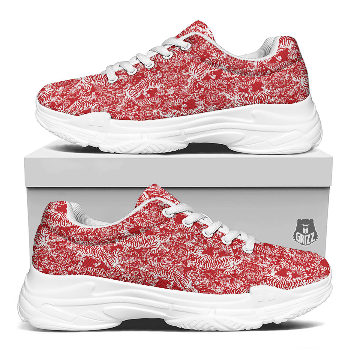 Red And White Chinese Tiger Print Pattern White Chunky Shoes-grizzshop
