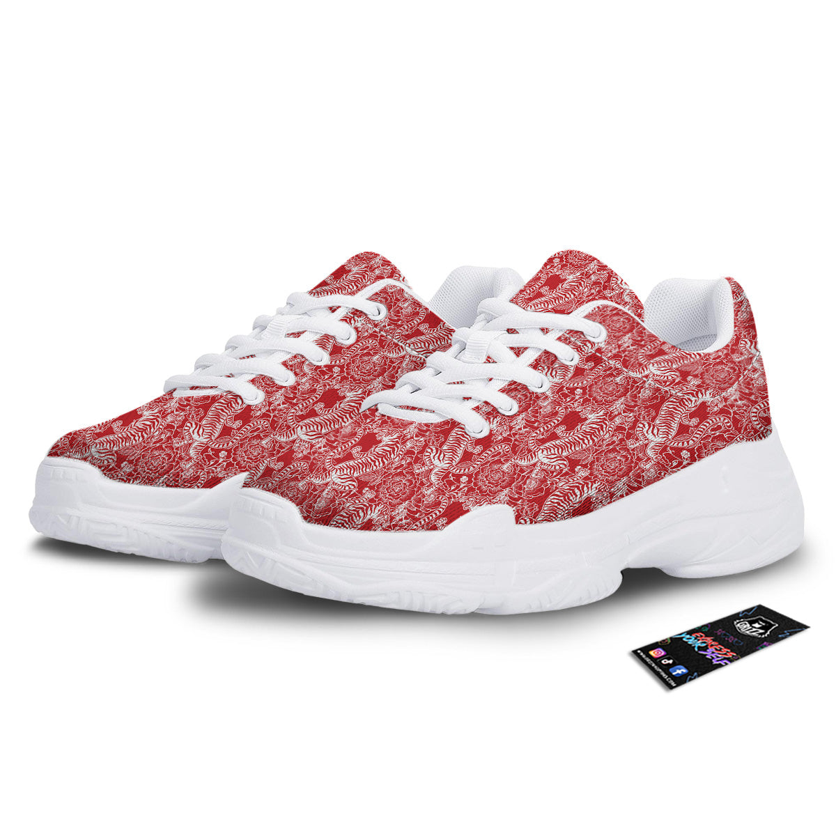 Red And White Chinese Tiger Print Pattern White Chunky Shoes-grizzshop