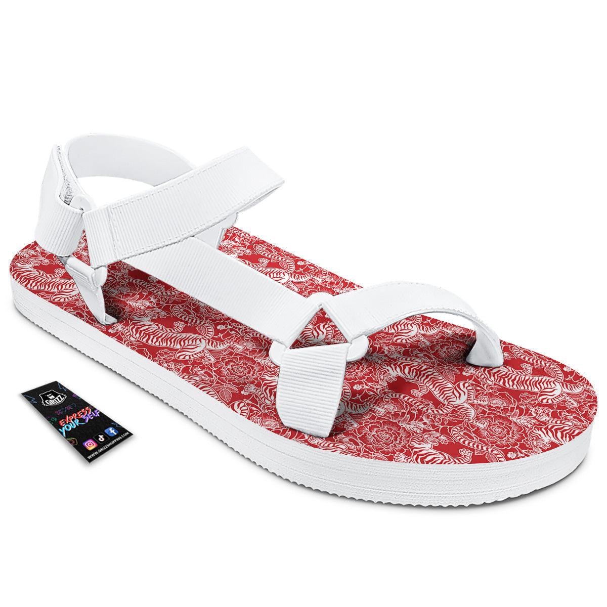 Red And White Chinese Tiger Print Pattern White Open Toe Sandals-grizzshop