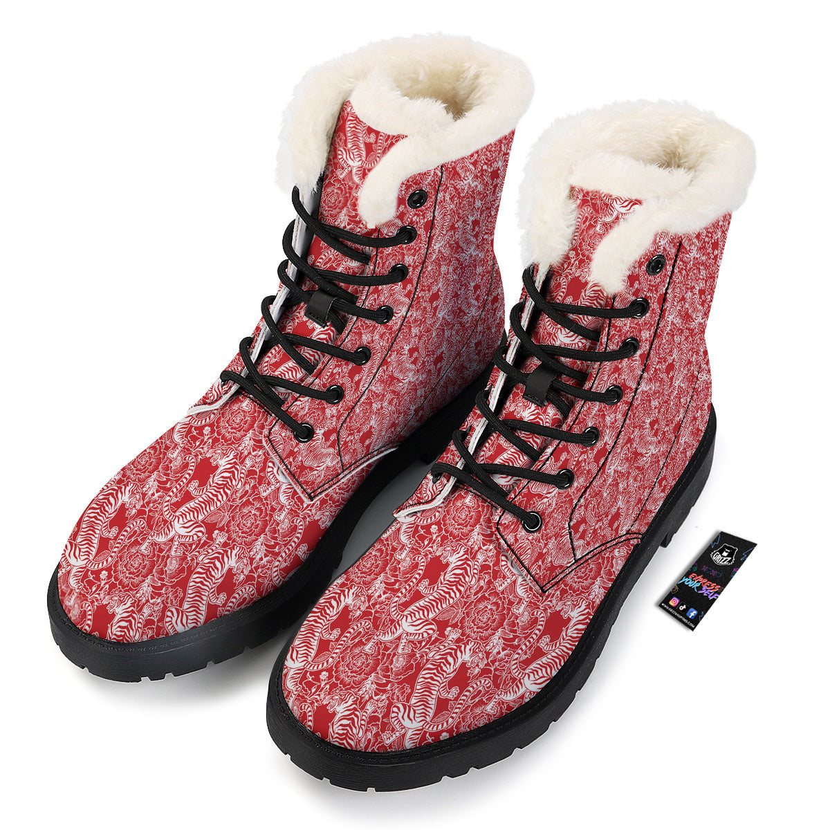 Red And White Chinese Tiger Print Pattern Winter Boots-grizzshop