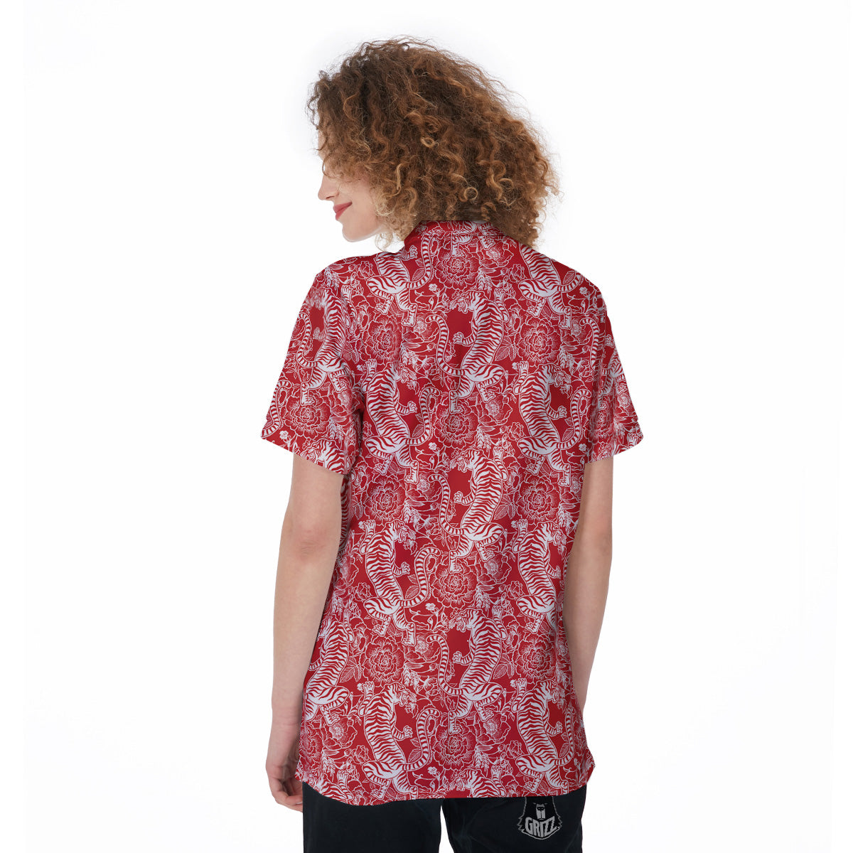 Red And White Chinese Tiger Print Pattern Women's Golf Shirts-grizzshop