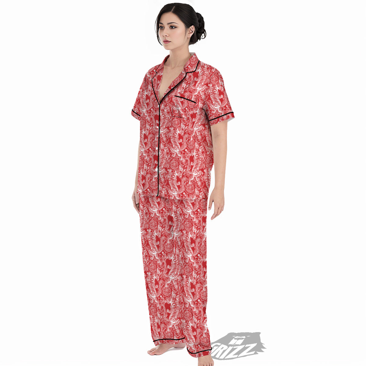 Red And White Chinese Tiger Print Pattern Women's Pajamas Set-grizzshop