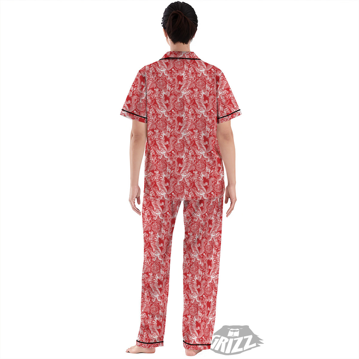 Red And White Chinese Tiger Print Pattern Women's Pajamas Set-grizzshop