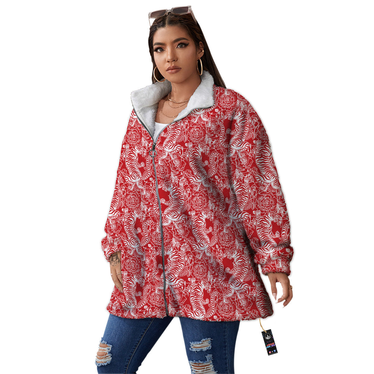 Red And White Chinese Tiger Print Pattern Women's Sherpa Jacket-grizzshop
