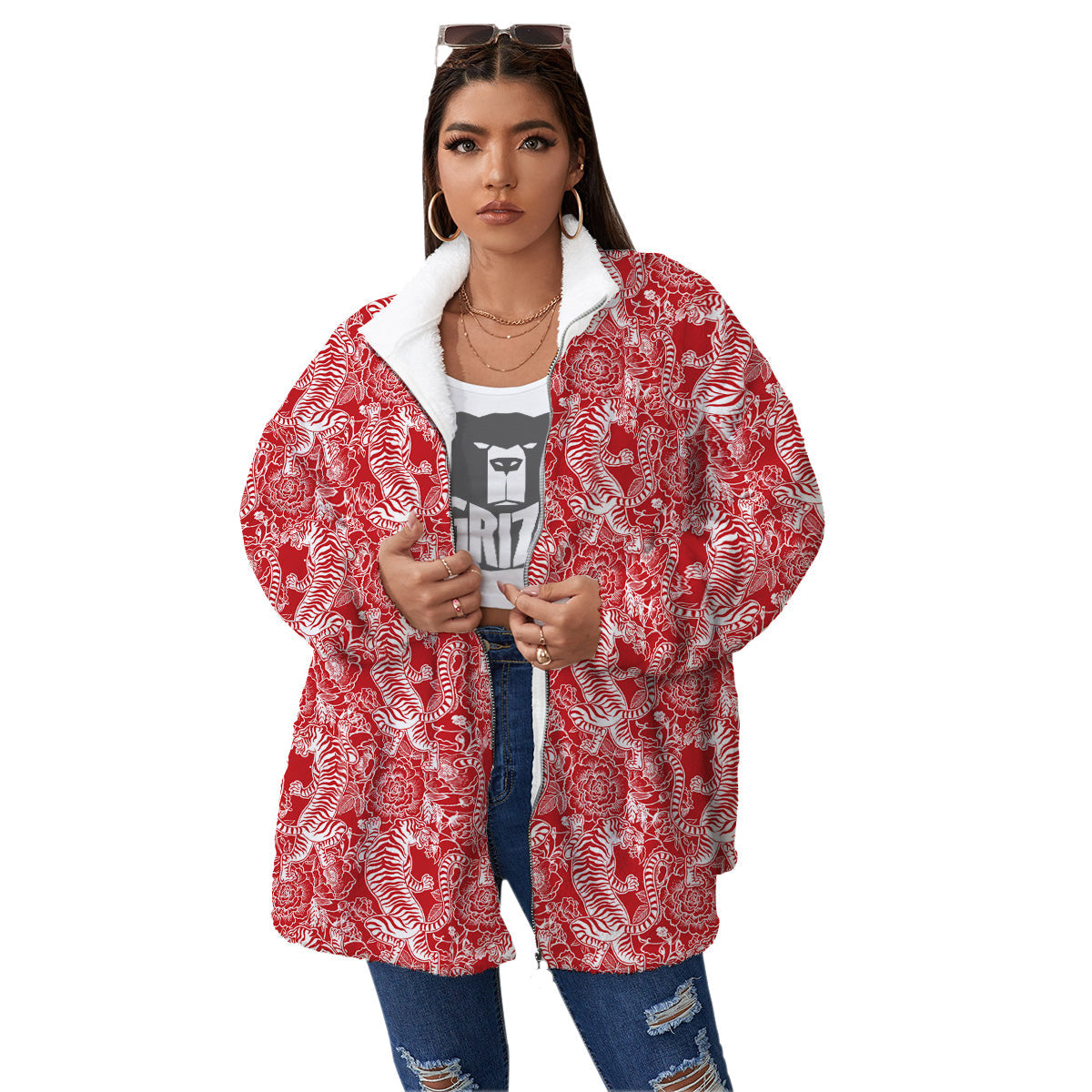 Red And White Chinese Tiger Print Pattern Women's Sherpa Jacket-grizzshop