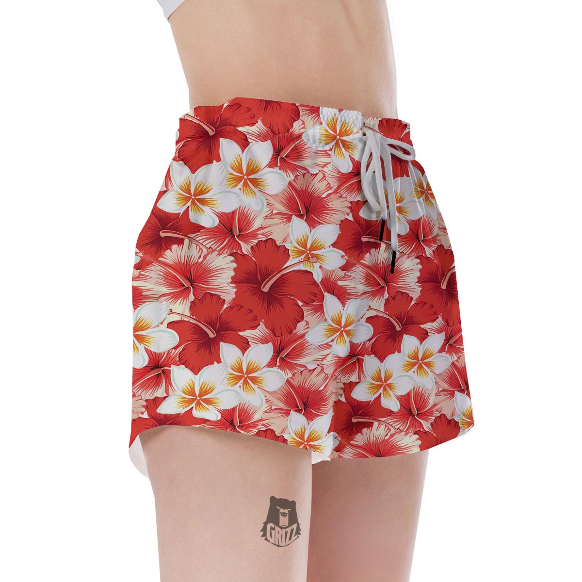 Red And White Hibiscus Hawaiian Print Women's Shorts-grizzshop