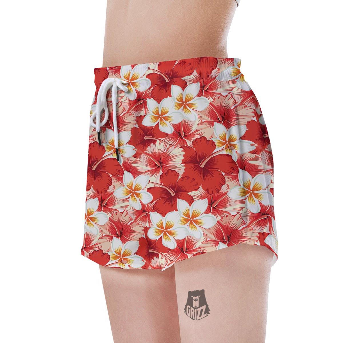 Red And White Hibiscus Hawaiian Print Women's Shorts-grizzshop