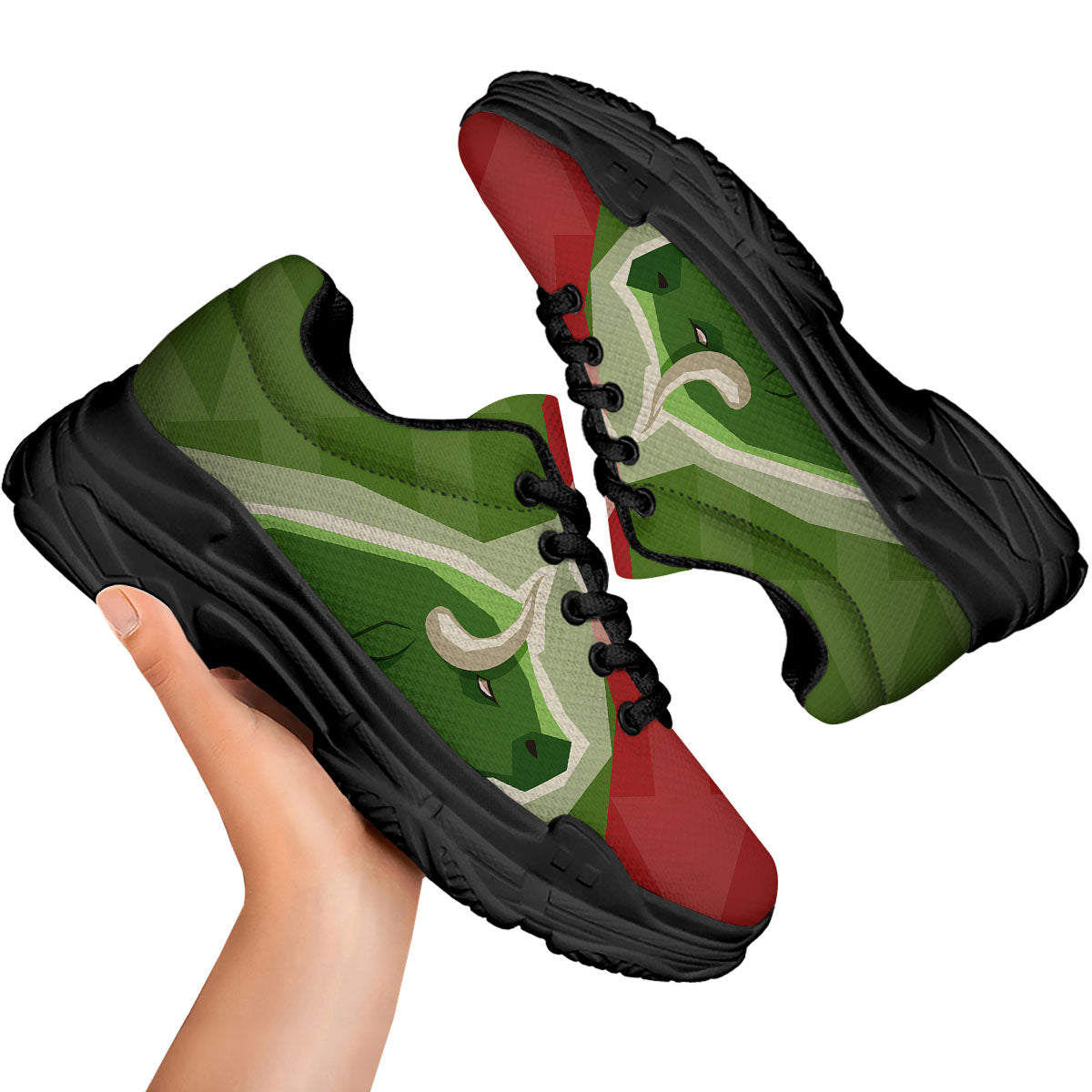 Red Bear And Green Bull Stock Print Black Chunky Shoes-grizzshop