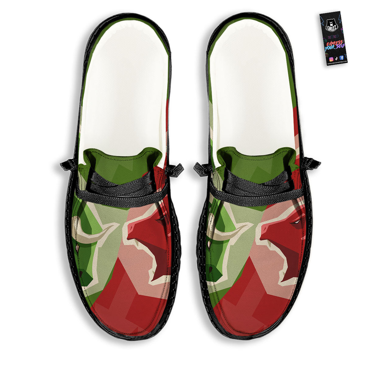 Red Bear And Green Bull Stock Print Black Loafers-grizzshop