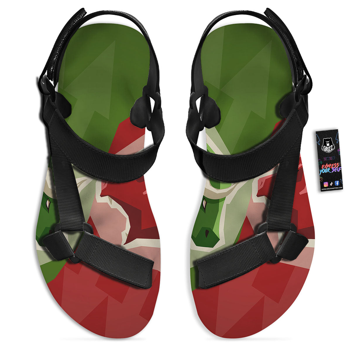 Red Bear And Green Bull Stock Print Black Open Toe Sandals-grizzshop