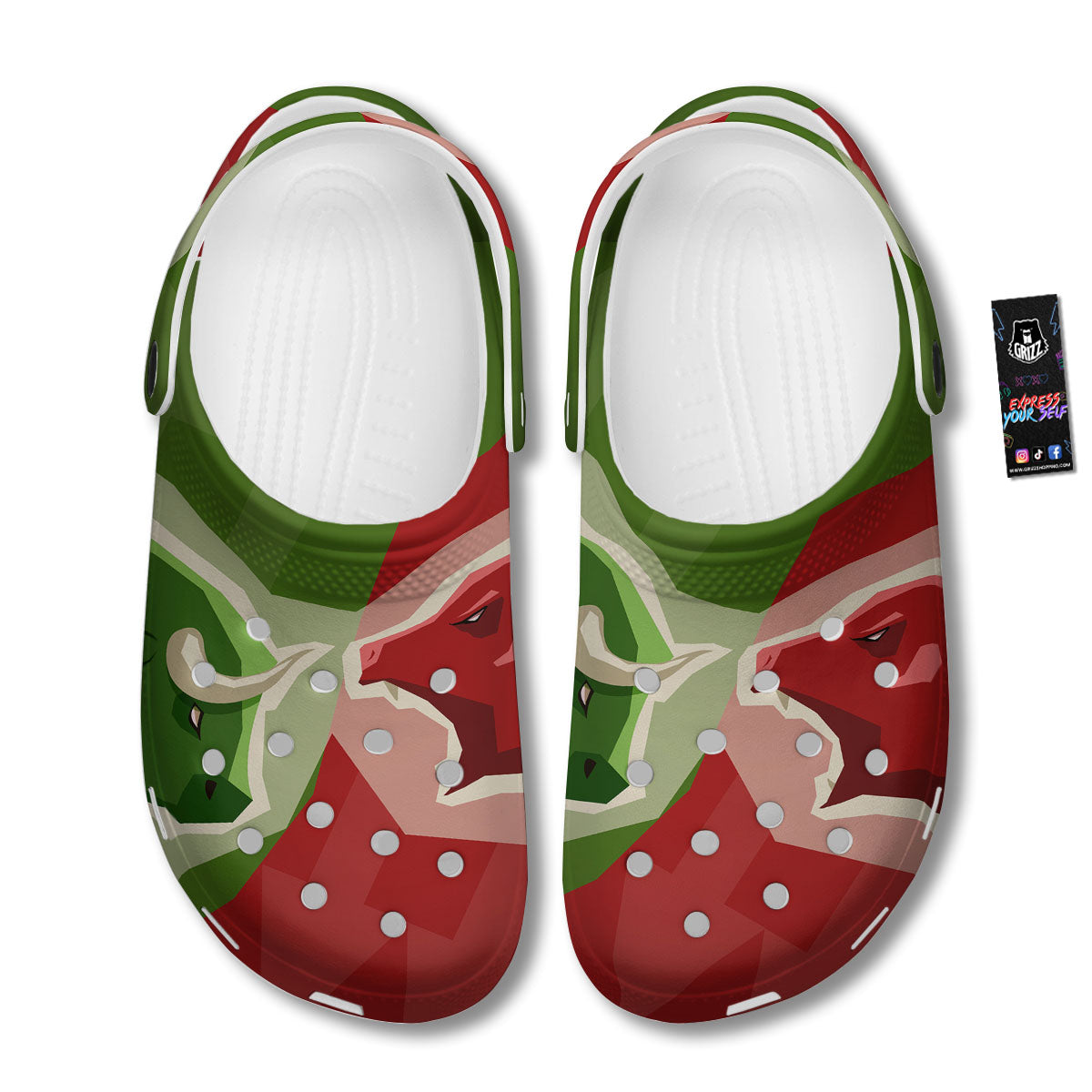 Red Bear And Green Bull Stock Print Clog-grizzshop