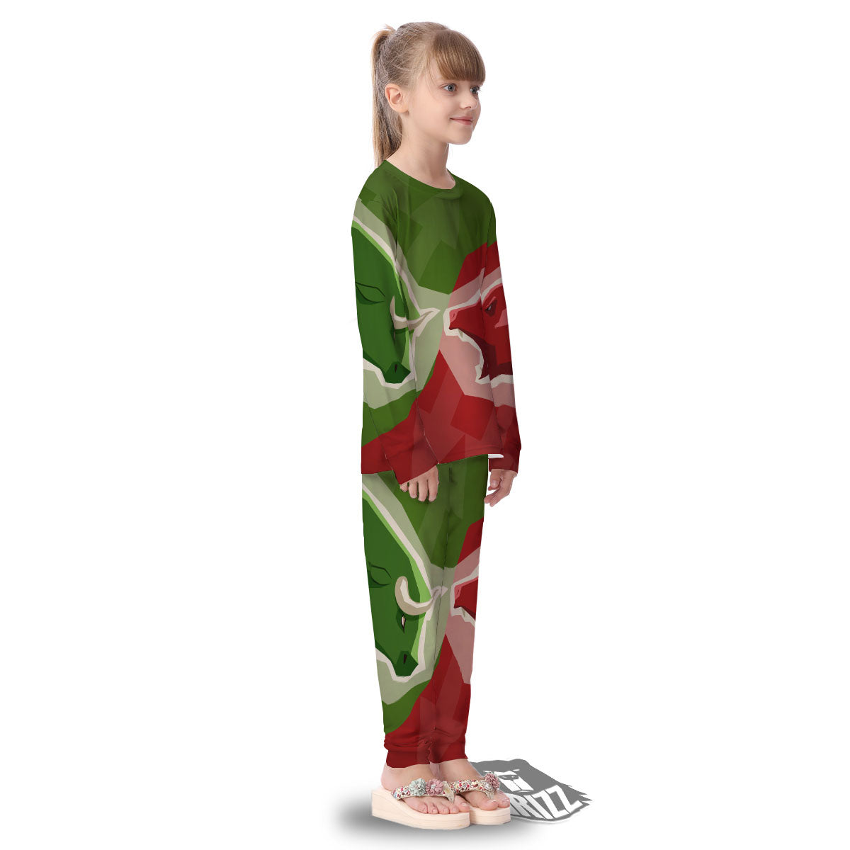 Red Bear And Green Bull Stock Print Kid's Pajamas-grizzshop