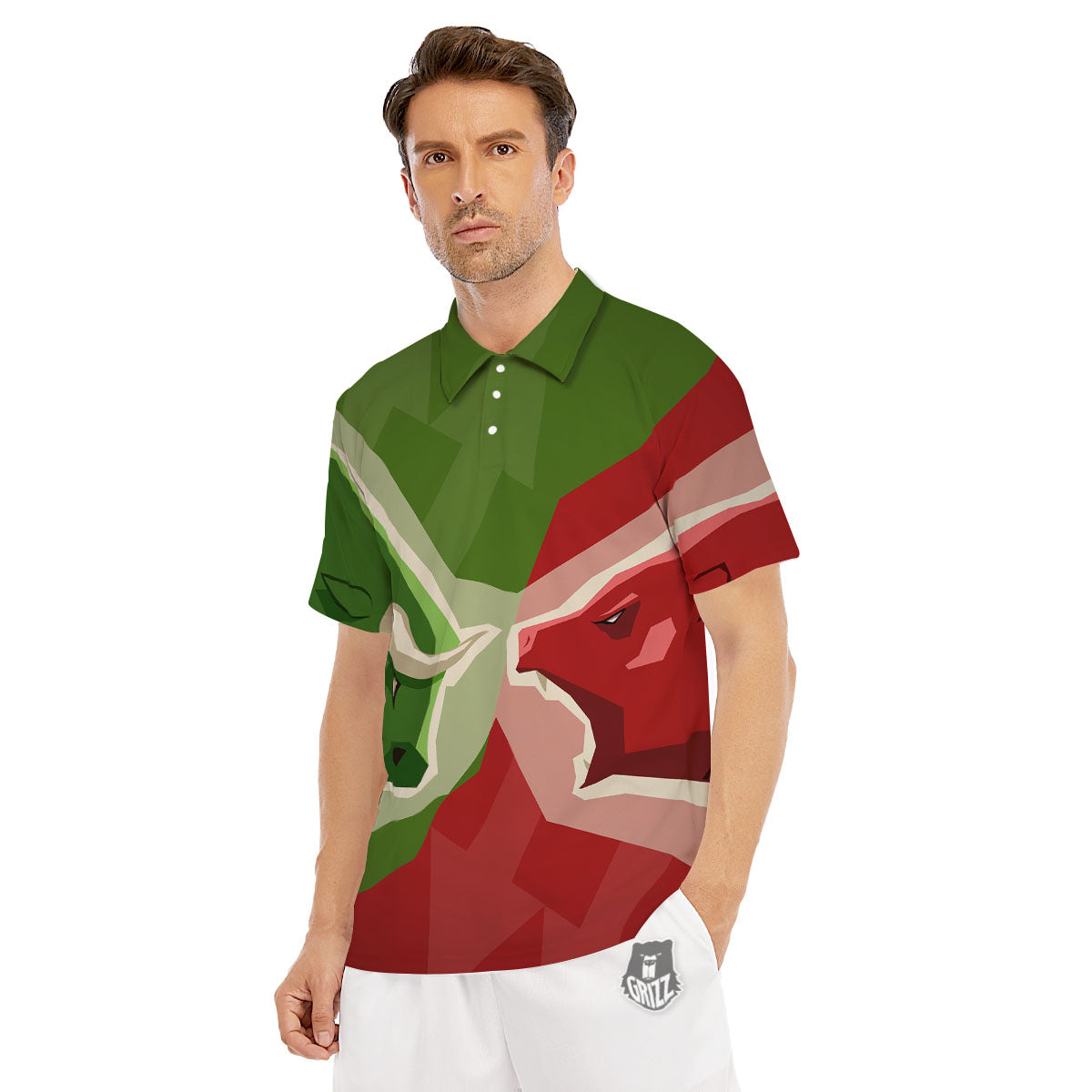 Red Bear And Green Bull Stock Print Men's Golf Shirts-grizzshop