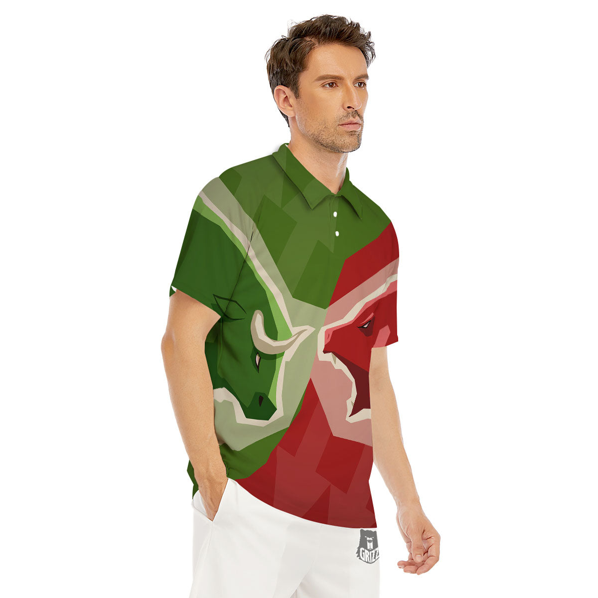 Red Bear And Green Bull Stock Print Men's Golf Shirts-grizzshop