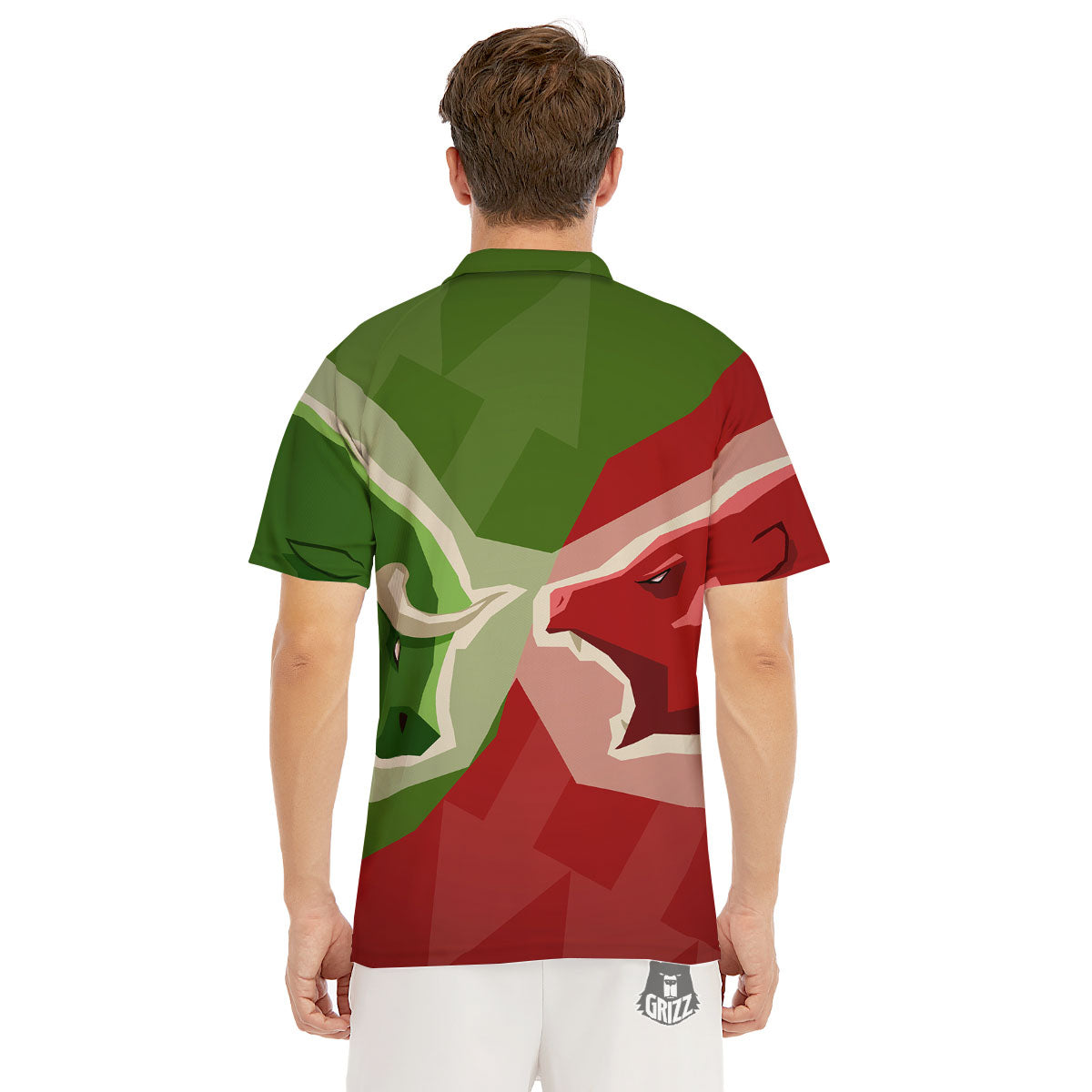 Red Bear And Green Bull Stock Print Men's Golf Shirts-grizzshop