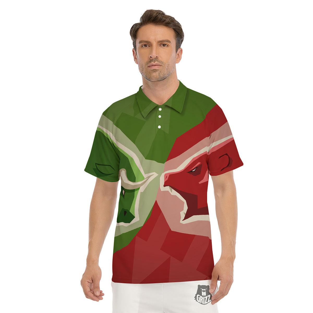 Red Bear And Green Bull Stock Print Men's Golf Shirts-grizzshop