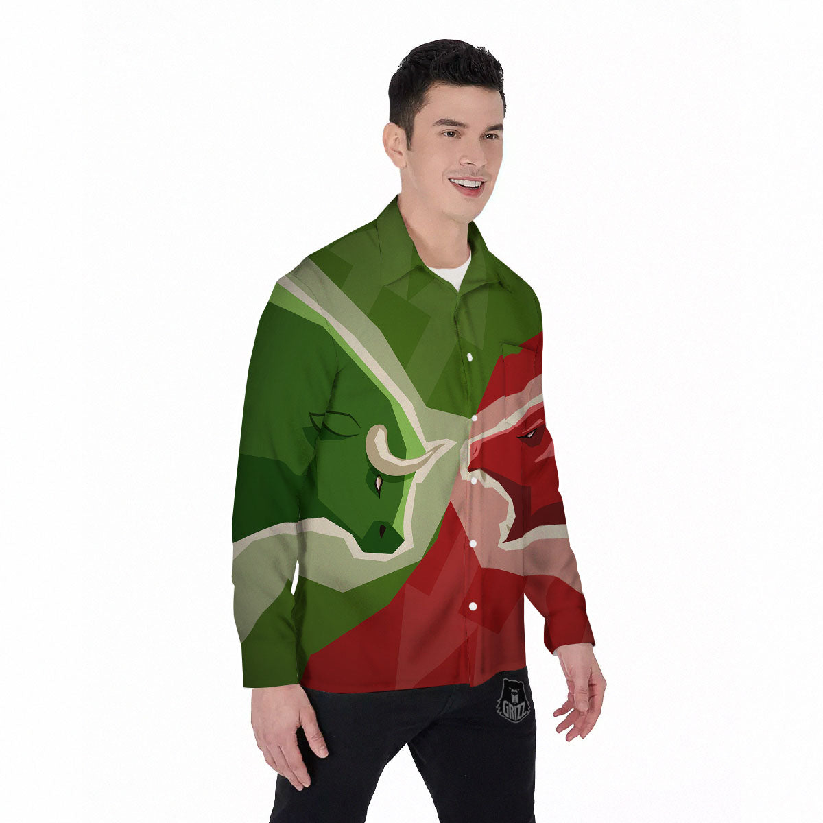 Red Bear And Green Bull Stock Print Men's Long Sleeve Shirts-grizzshop