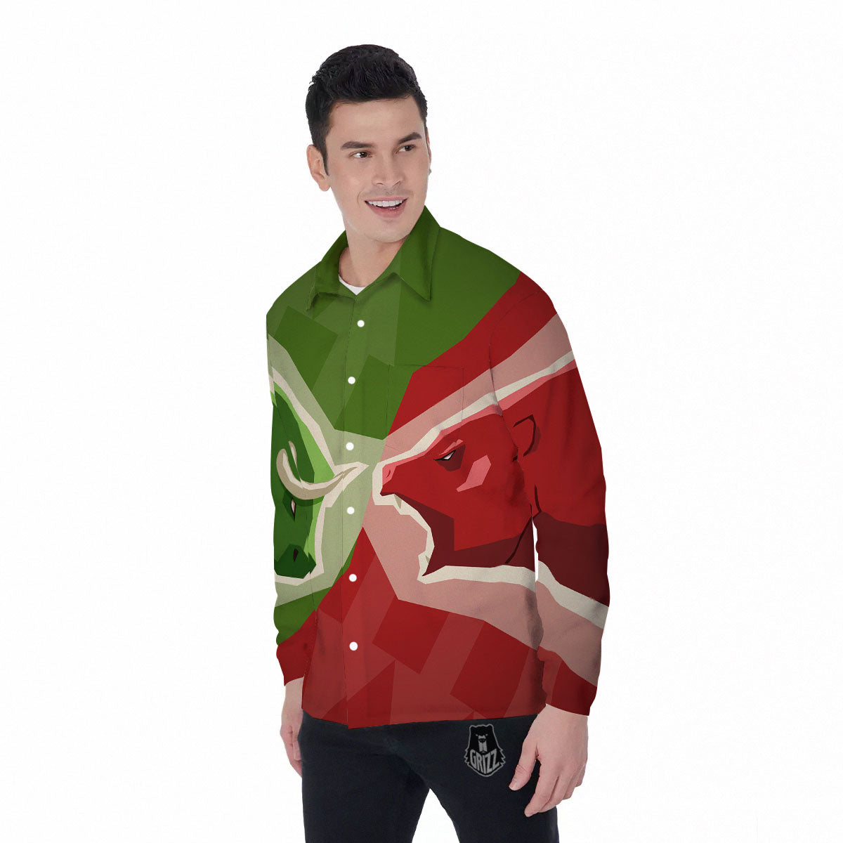 Red Bear And Green Bull Stock Print Men's Long Sleeve Shirts-grizzshop