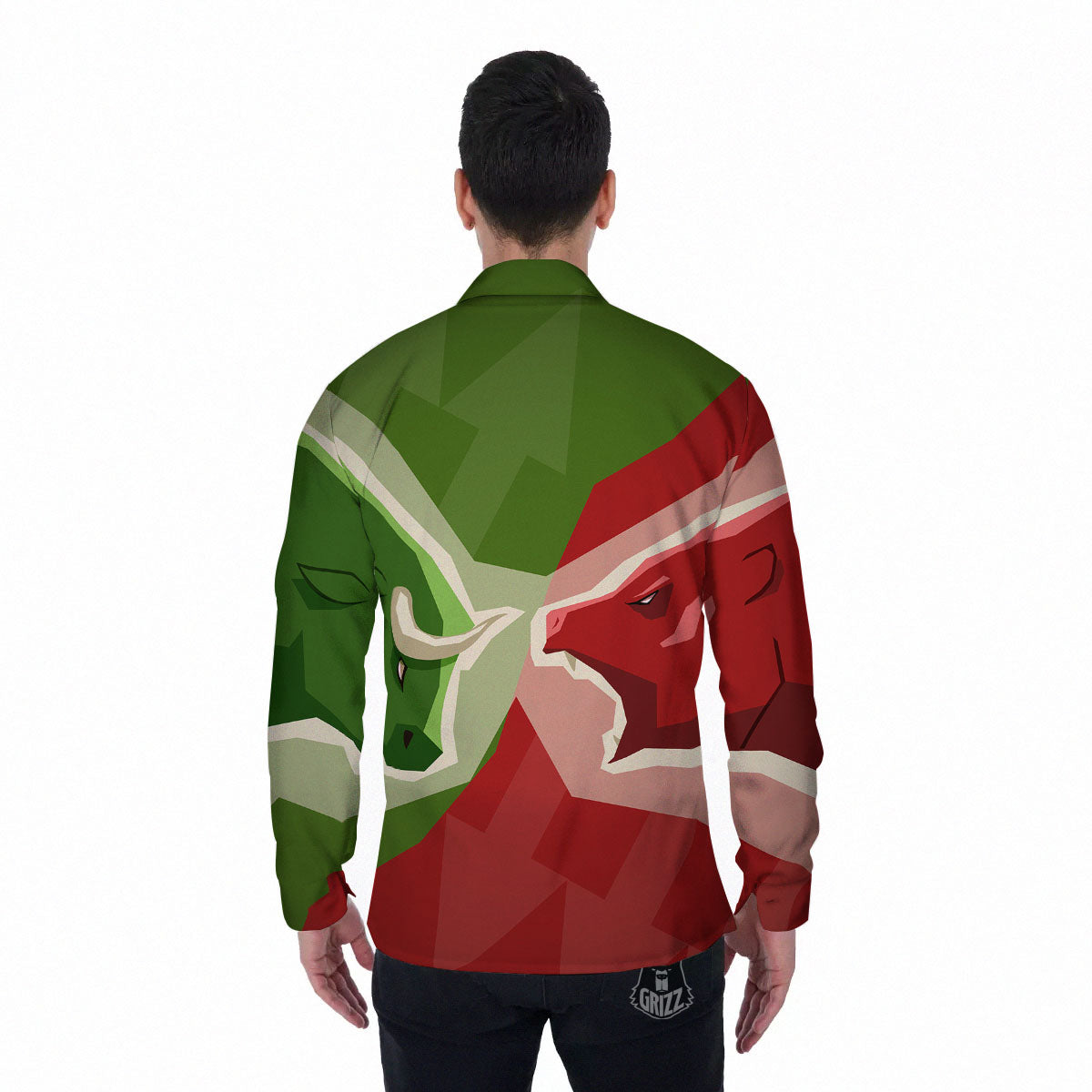 Red Bear And Green Bull Stock Print Men's Long Sleeve Shirts-grizzshop
