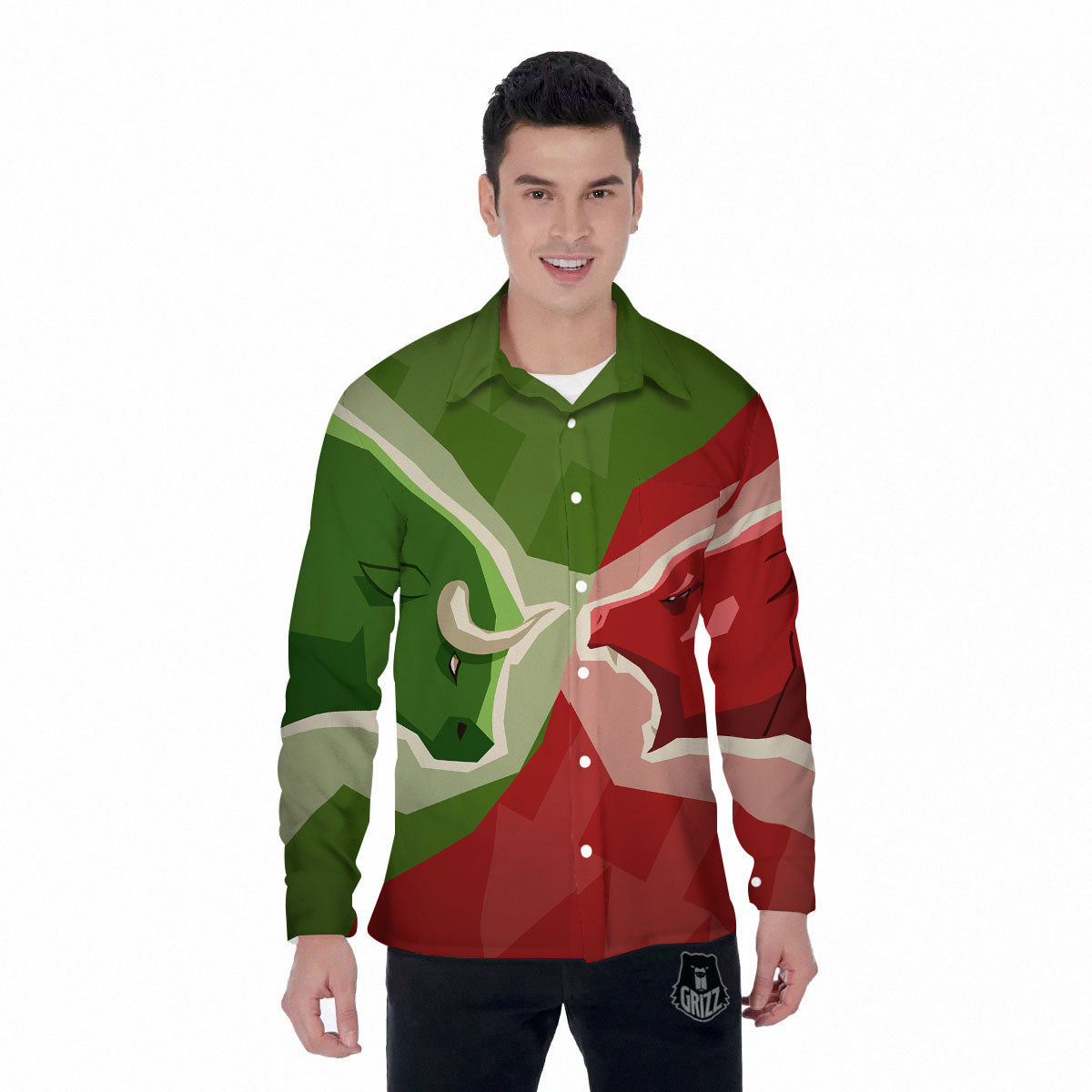 Red Bear And Green Bull Stock Print Men's Long Sleeve Shirts-grizzshop