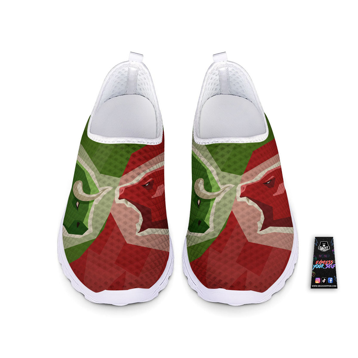 Red Bear And Green Bull Stock Print Nurse Shoes-grizzshop