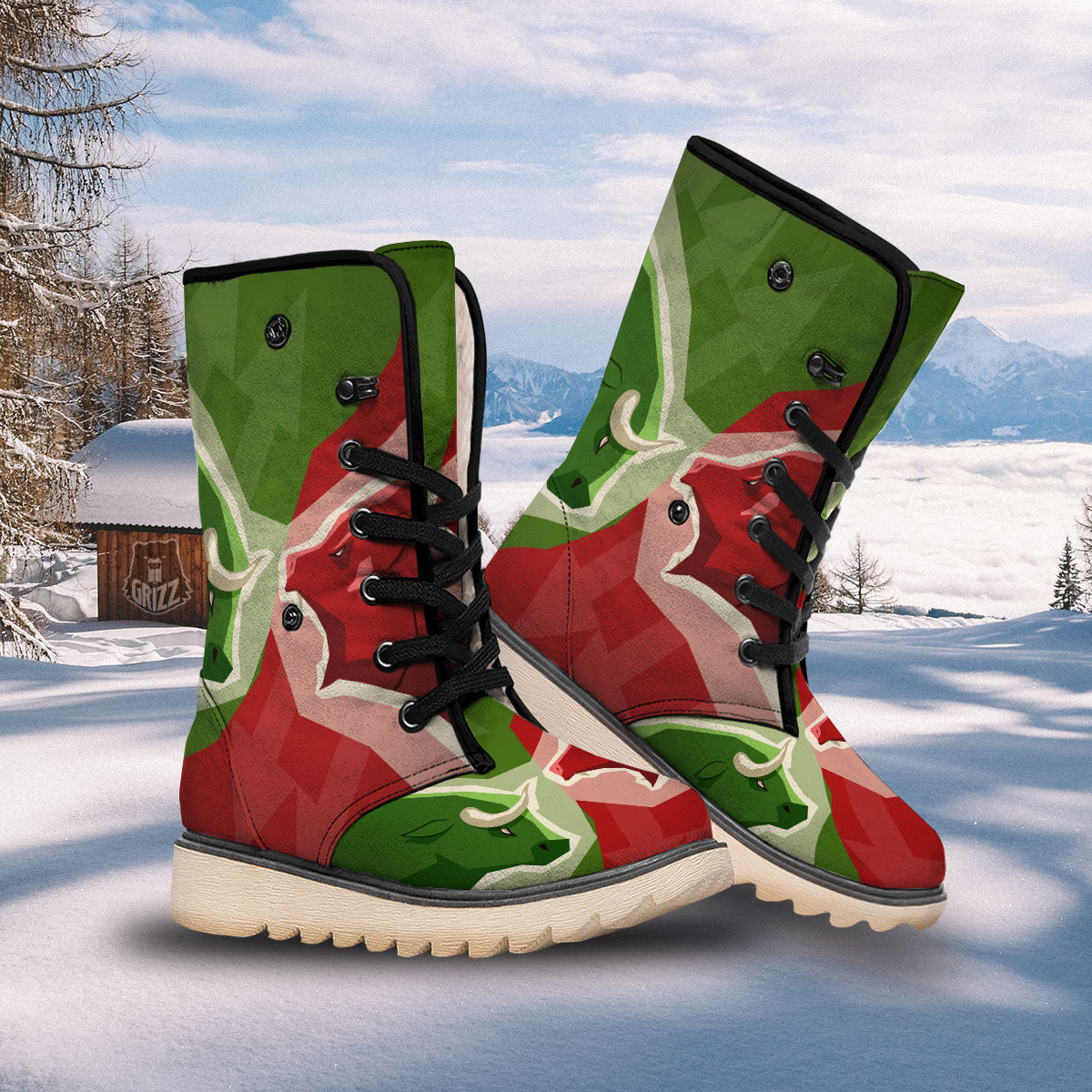 Red Bear And Green Bull Stock Print Snow Boots-grizzshop