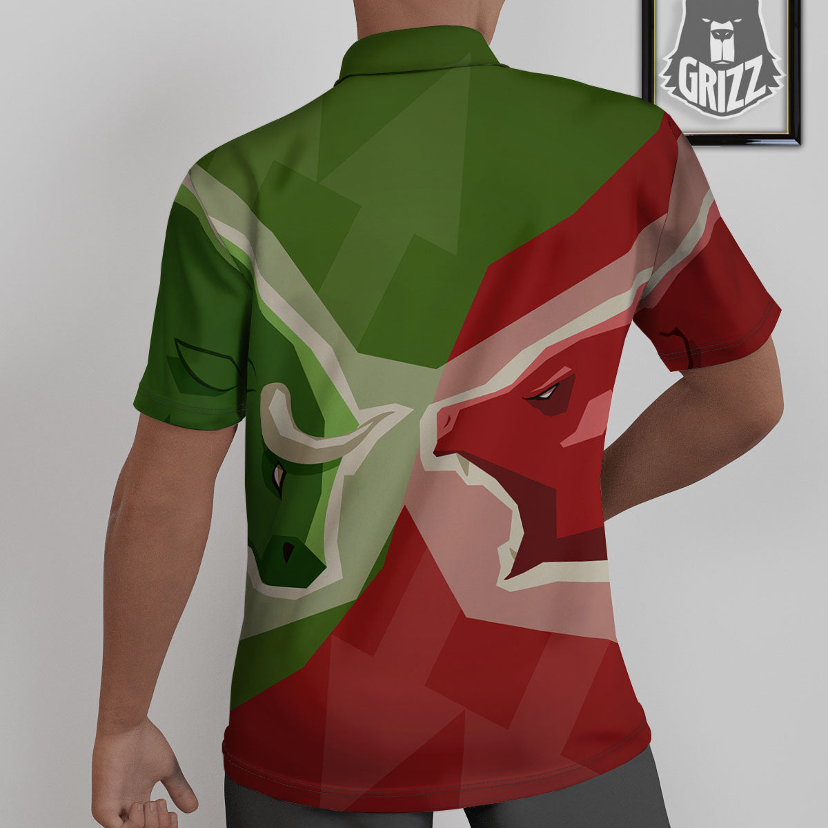 Red Bear And Green Bull Stock Print Untucked Shirts-grizzshop