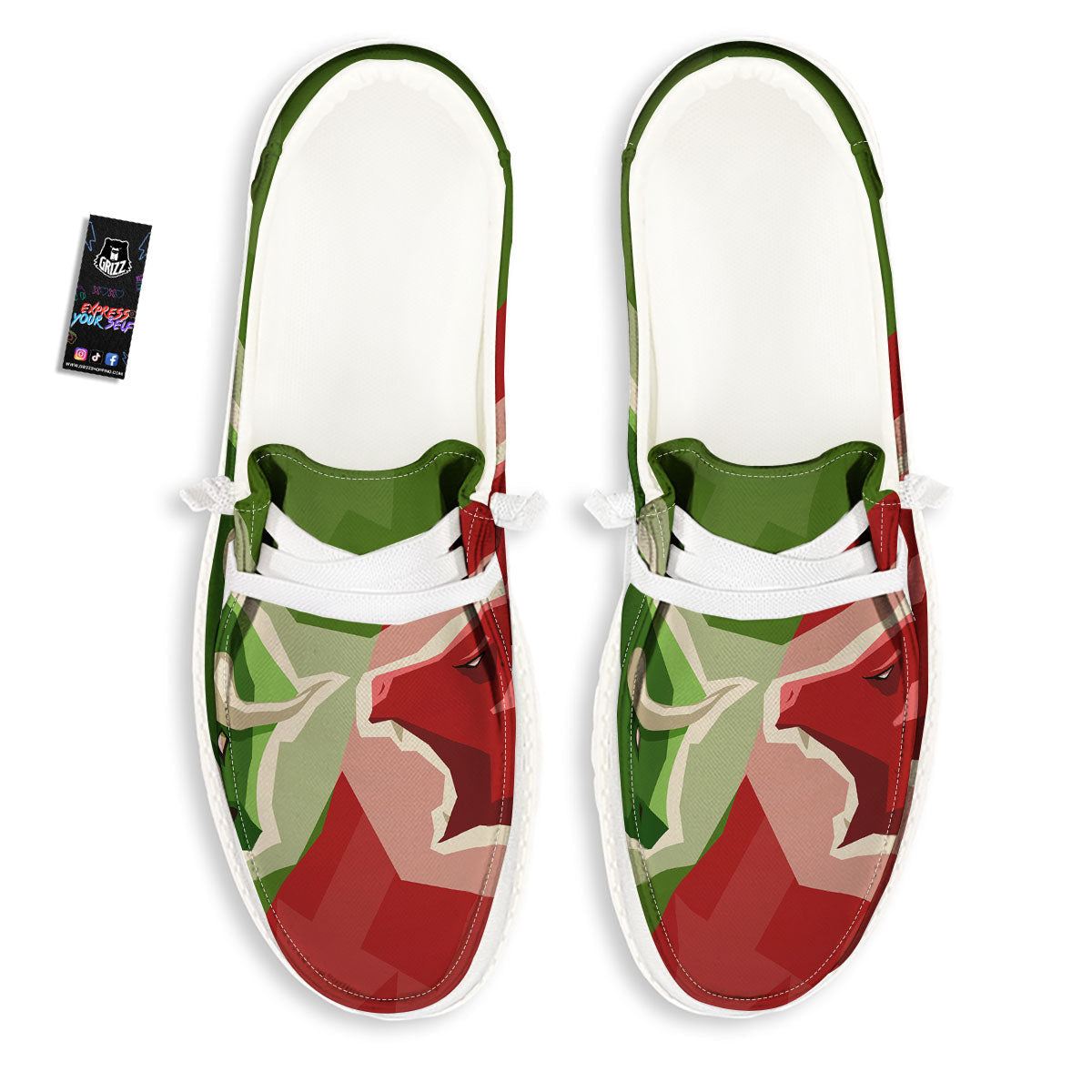 Red Bear And Green Bull Stock Print White Loafers-grizzshop