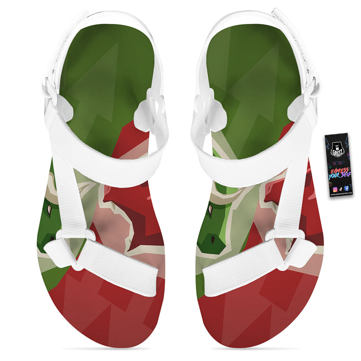 Red Bear And Green Bull Stock Print White Open Toe Sandals-grizzshop